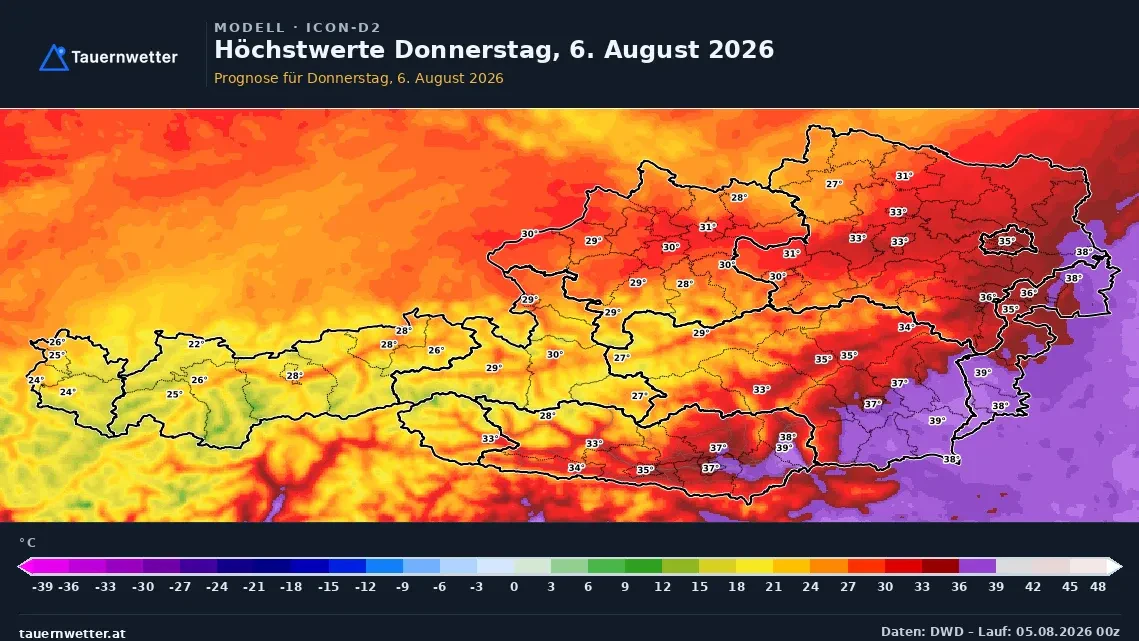 Das Wetter für Donnerstag, 6. August 2026