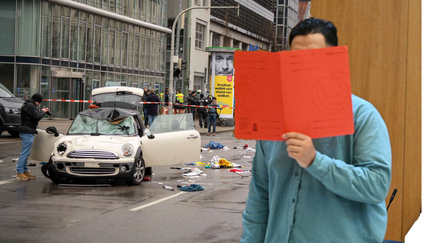 Farhad N. vor der Urteilsverkündung im Gericht – der Tatort in München am 13. Februar 2025 (l.)