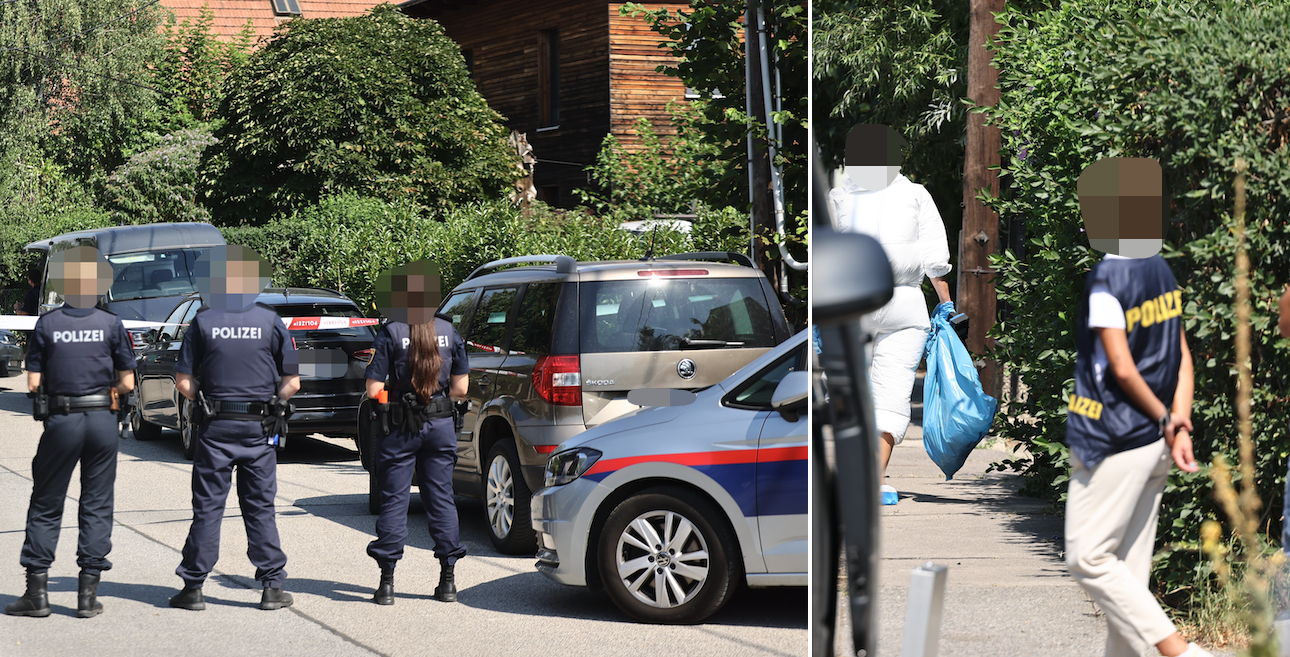 In Langenzersdorf soll es zu einem Gewaltverbrechen gekommen sein. Im Bild: Tatortermittler und Polizisten am 6. August 2026