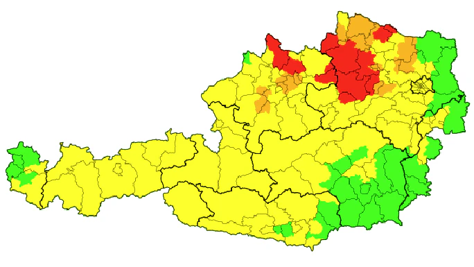 Die aktuellen Unwetterwarnungen für Österreich. In OÖ und NÖ herrscht teilweise Warnstufe Rot.