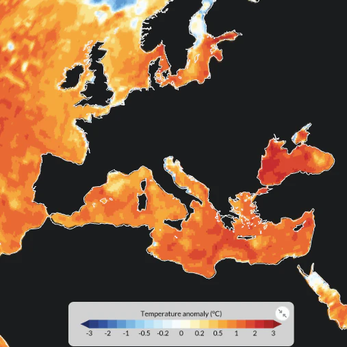 Visualisierung der jährlichen Wassertemperatur-Anomalie rund um Europa im Vergleich zum Klimamittel 1991-2020.