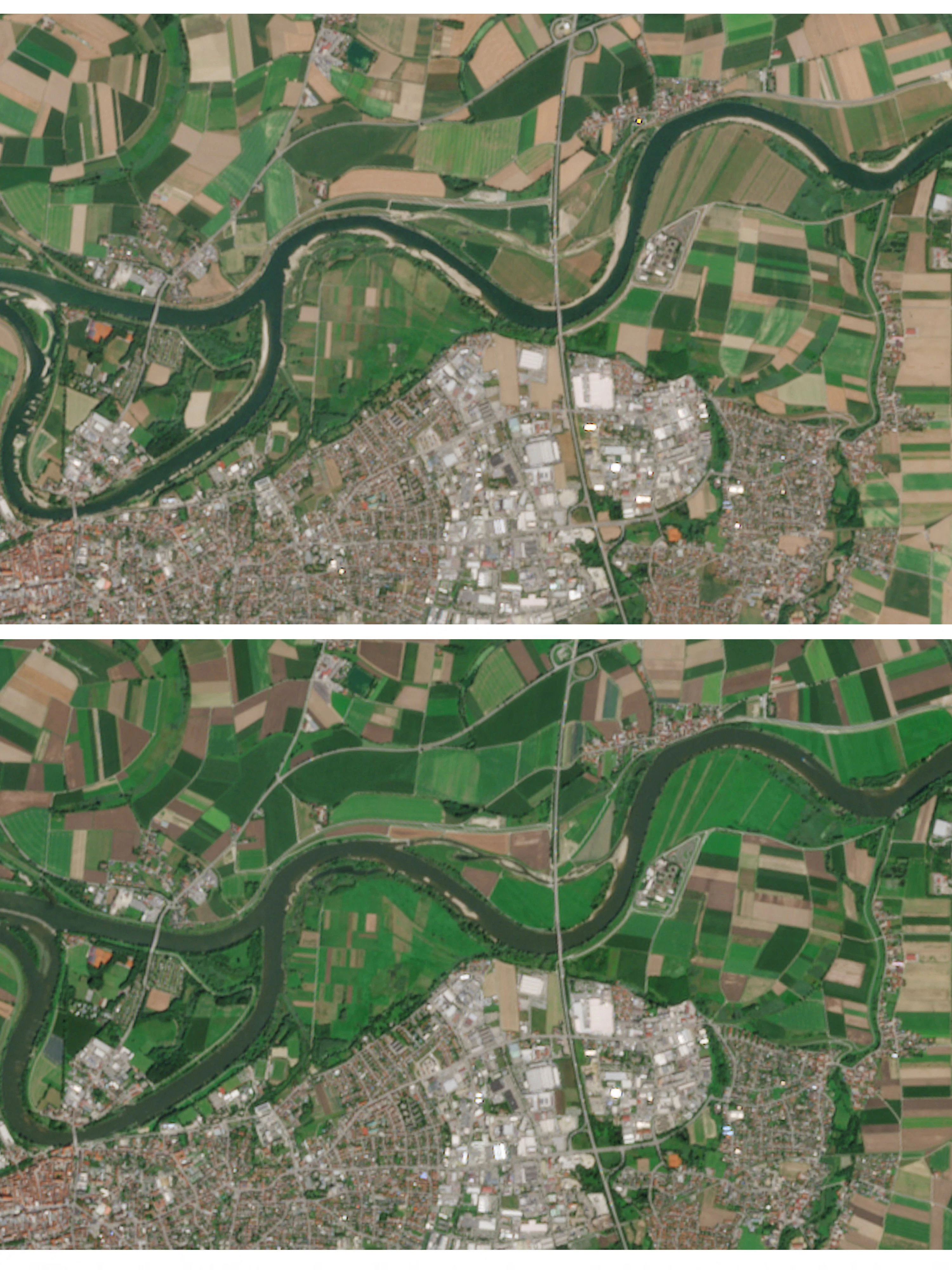 Eine Kombination aus Satellitenbildern zeigt niedrige Wasserstände an den Sandbänken der Donau bei Straubing (oben, 3. August 2026) sowie die Wasserstände an derselben Stelle im Vorjahr (unten, 8. August 2025).