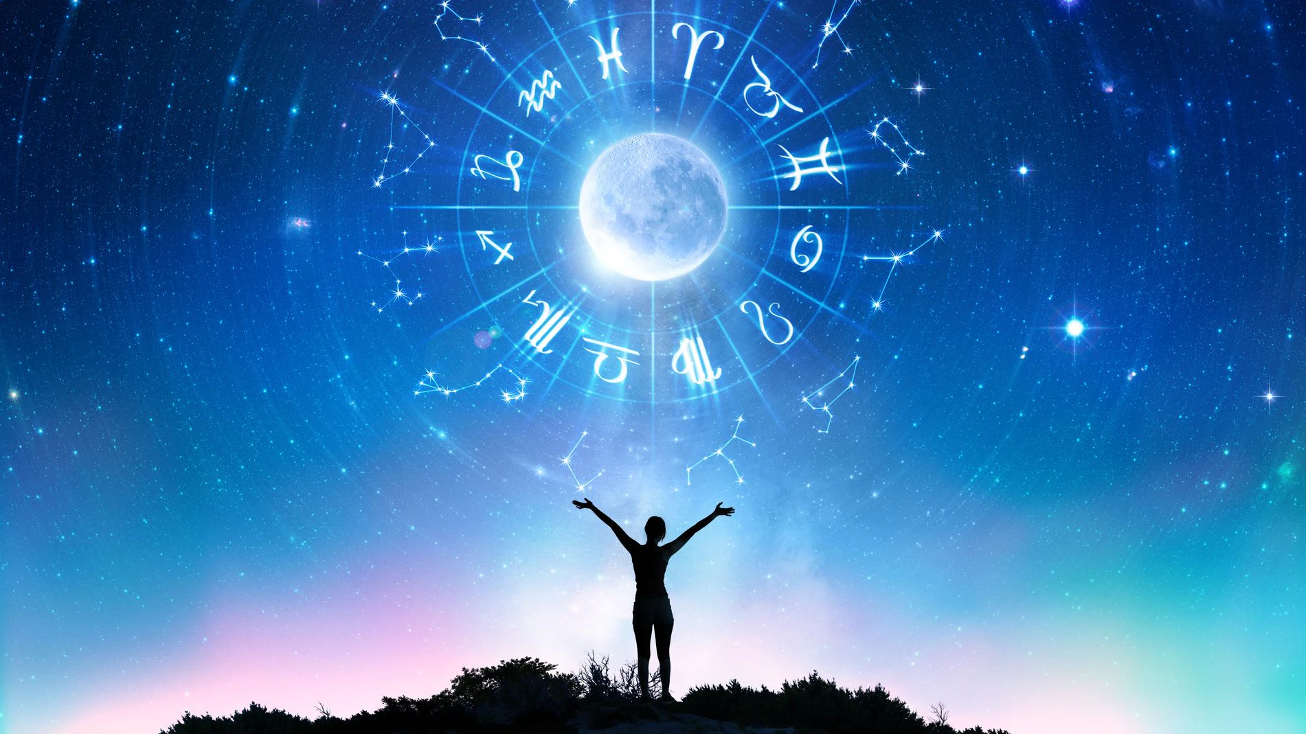 Woman Consulting The Stars - Zodiac Signs In The Sky - Contain Illustration And elements furnished by NASA
