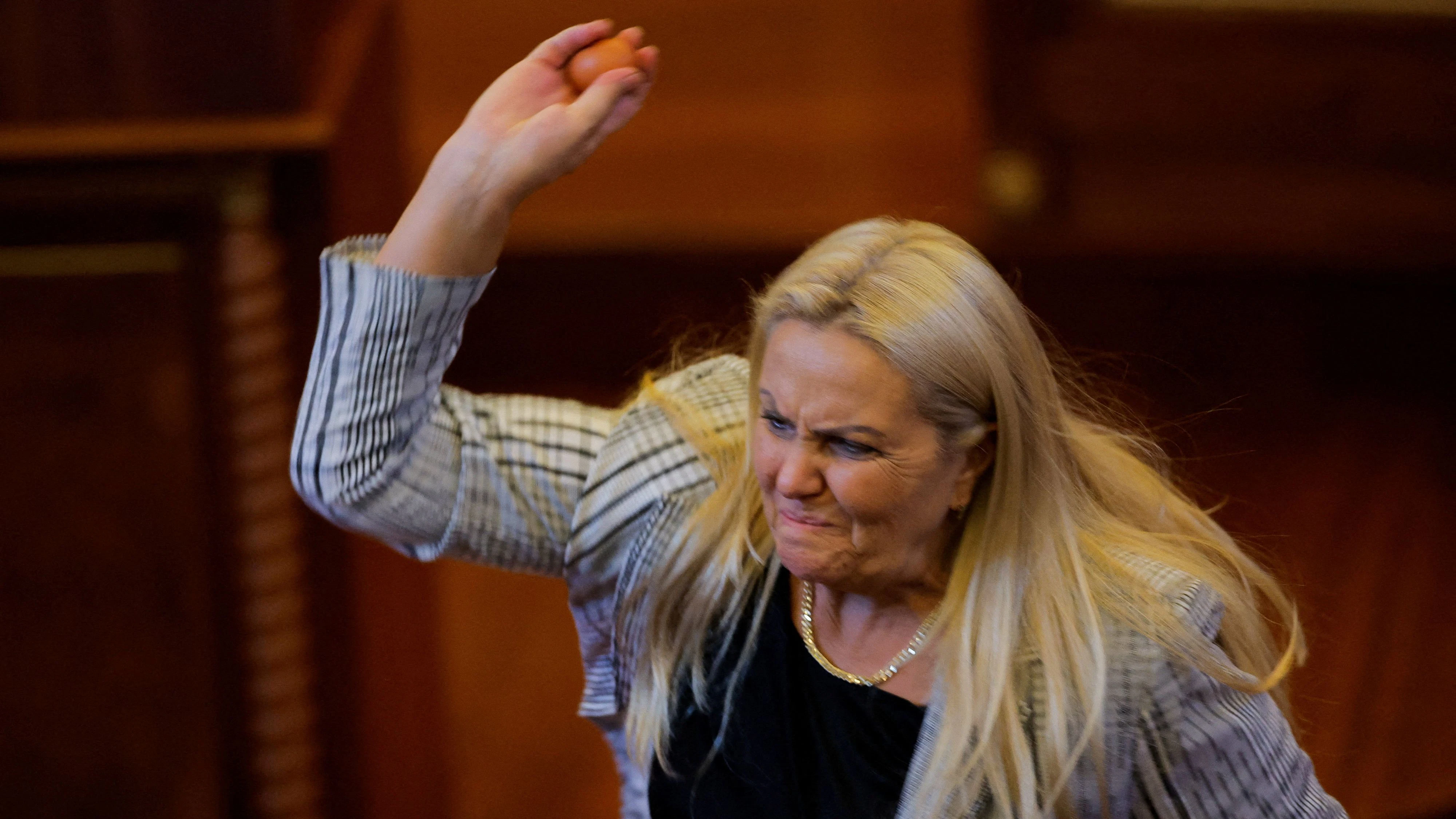 Die oppositionelle Abgeordnete Time Kadrijaj bewarf den Premier mit Eiern.