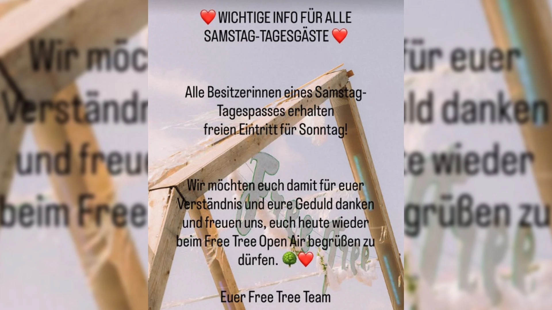 Auf Instagram erklärt der Veranstalter, dass Gäste mit Samstag-Tagesticket auch am Sonntag aufs Festival dürfen.