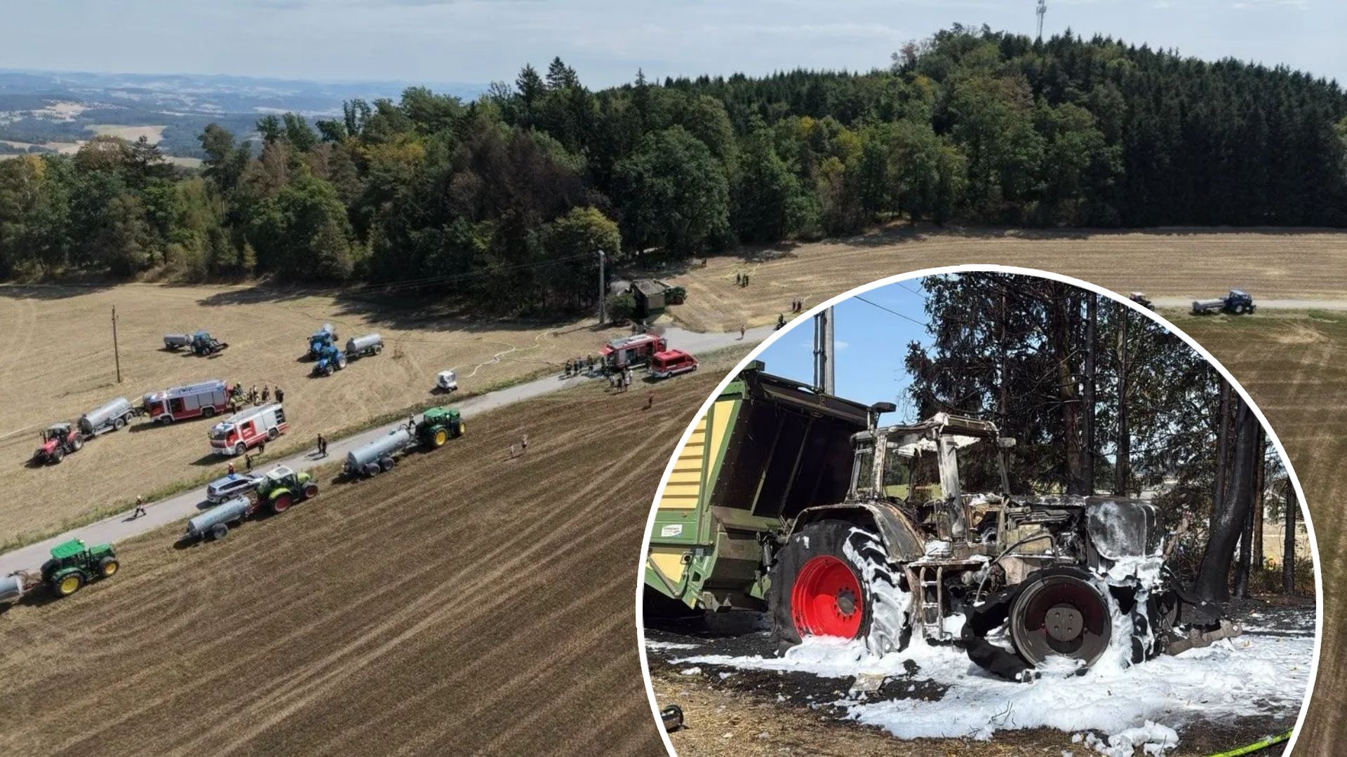 Der brennende Traktor löste einen Waldbrand aus.