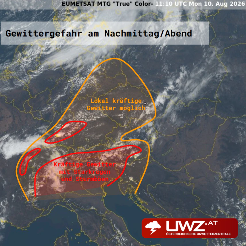 "Eine schwache Störung in der Höhe sorgt aktuell für erste Gewitter im Alpenraum. Am Nachmittag muss man primär im westlichen und südlichen Bergland mit lokalen Unwettern rechnen. Heute sind primär Starkregen und Sturmböen die Hauptgefahren", so die Unwetterzentrale.