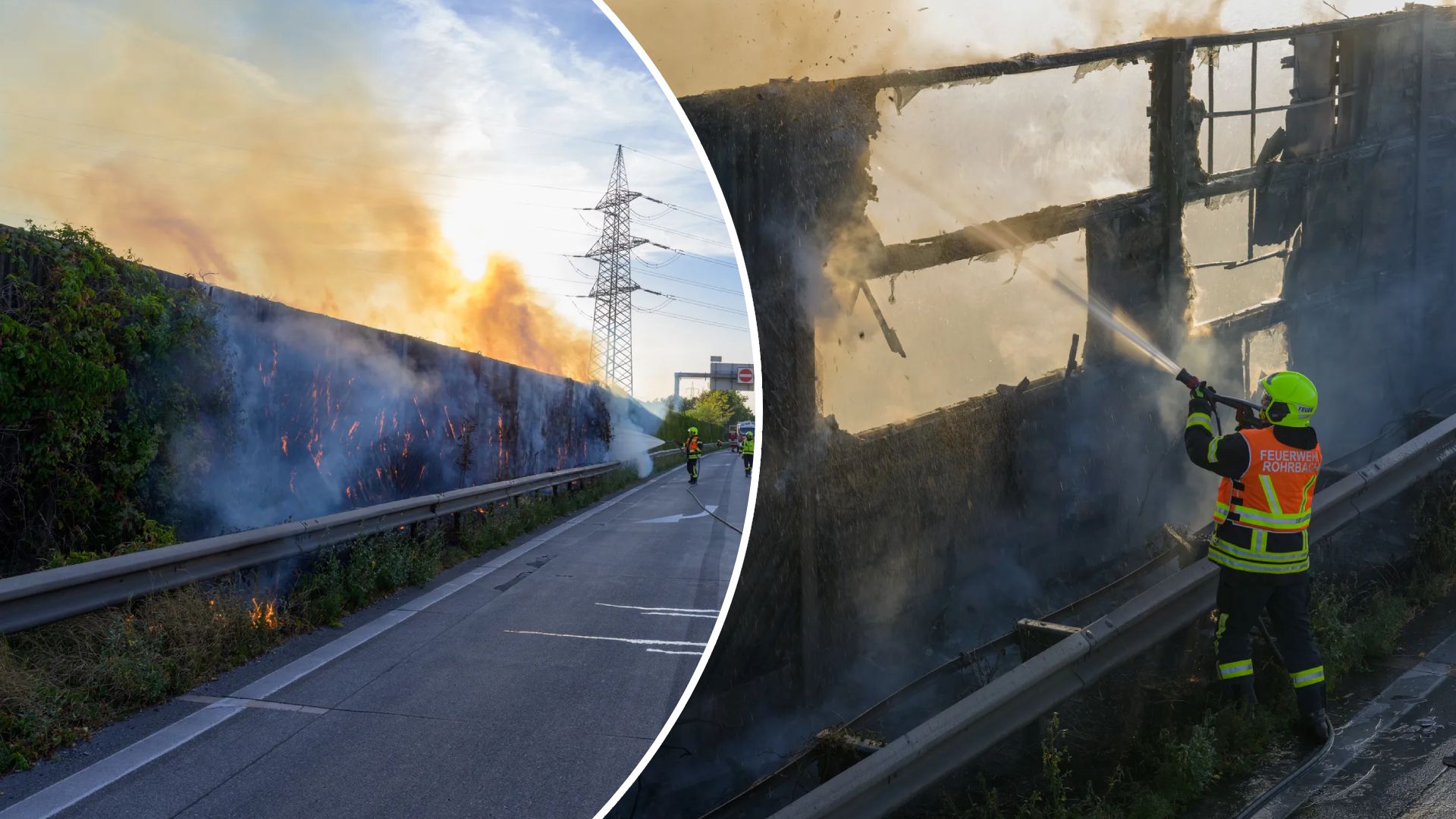 Die Lärmschutzwand entlang der A1 stand am Sonntag plötzlich in Flammen.