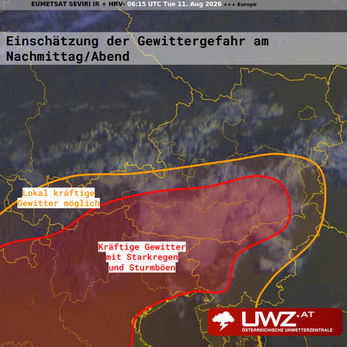 Die Unwettergefahr am Dienstag, 11. August 2026