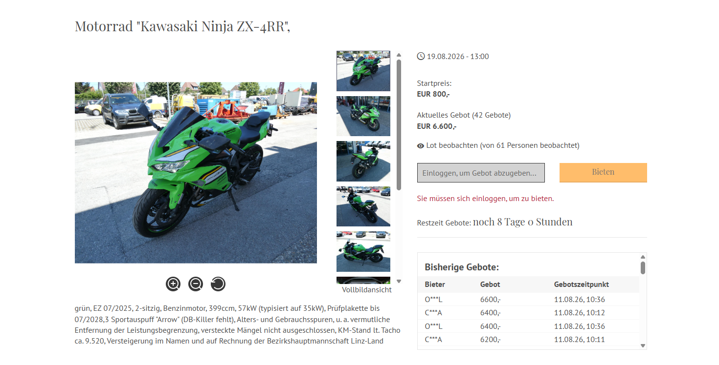 Kurz nach 12 Uhr lag das Höchstgebot für das Raser-Bike schon bei über 6.000 Euro.