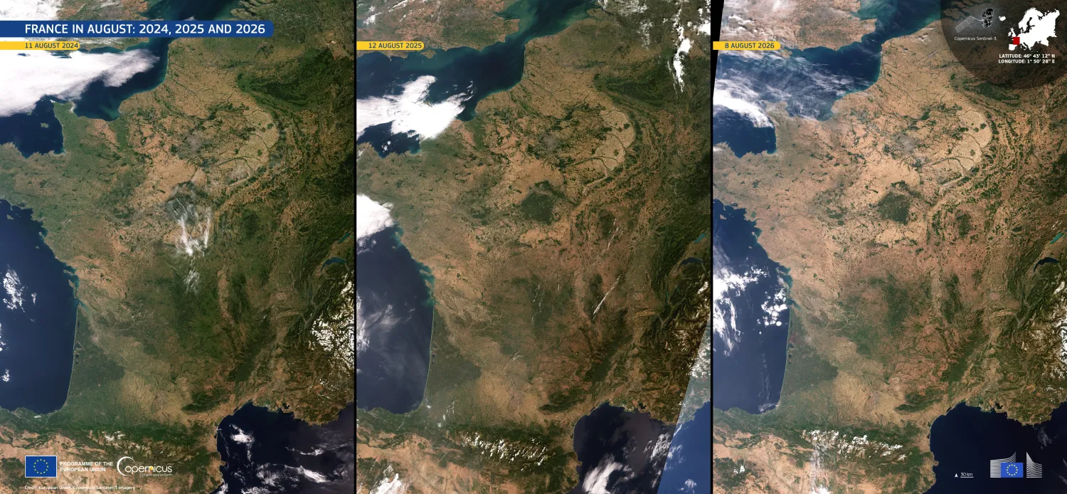 Drei Sommer im Vergleich. So schlimm wie heuer (rechts) war die Trockenheit in Frankreich sehr lange nicht.