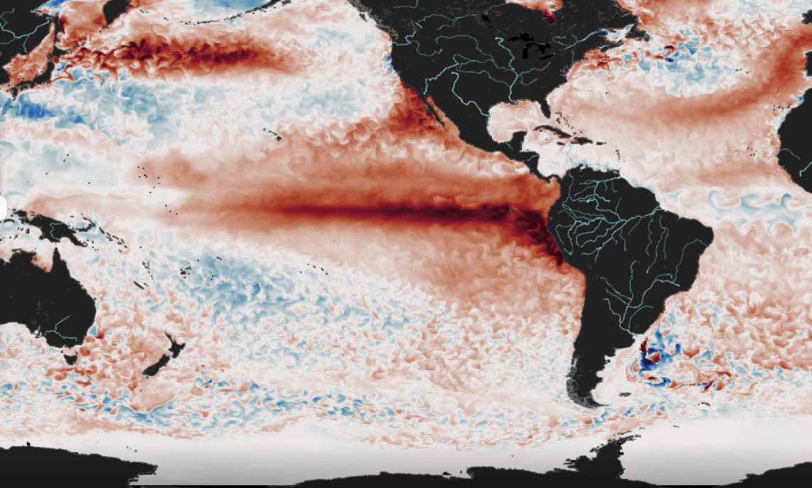 Im Pazifik baut sich ein Super-El Niño auf. Das wird die weltweite Durchschnittstemperatur noch weiter nach oben treiben. Die Temperatur-Anomalie (rot im Bild) ist am 12. August 2026 bereits enorm.