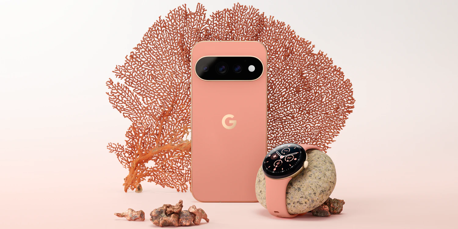 Die Pixel-Modelle kommen in ganz neuen Farben – hier das Pixel 11 Pro mit der Pixel Watch 5 in "Canyon".