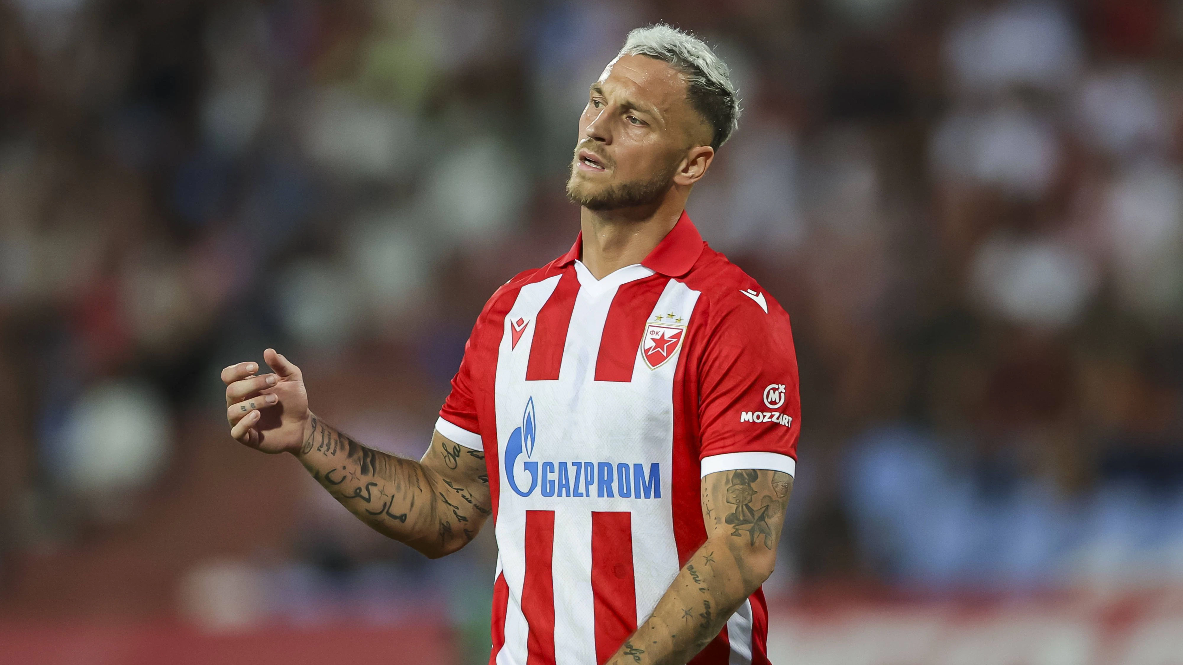 Crvena Zvezda v Larne - UEFA Chmpions League Qualifiers Marko Arnautovic of Crvena Zvezda reacts during the UEFA Champions League 2026/27 League Second qualifying round 2nd leg match between FK Crvena Zvezda and FC Larne at Stadium Rajko Mitic on July 29, 2026 in Belgrade, Serbia. Belgrade Serbia Copyright: xSrdjanxStevanovicx x
