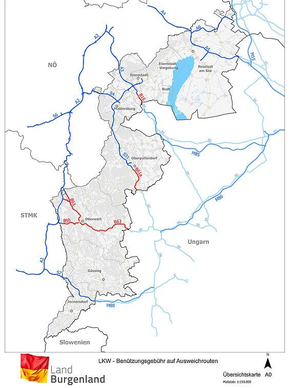Grafik LKW-Benützungsgebühren: Übersichtskarte mit den bemauteten Straßenabschnitten.