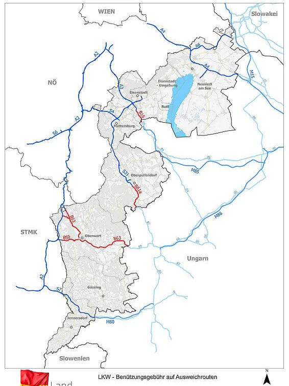Grafik LKW-Benützungsgebühren: Übersichtskarte mit den bemauteten Straßenabschnitten.