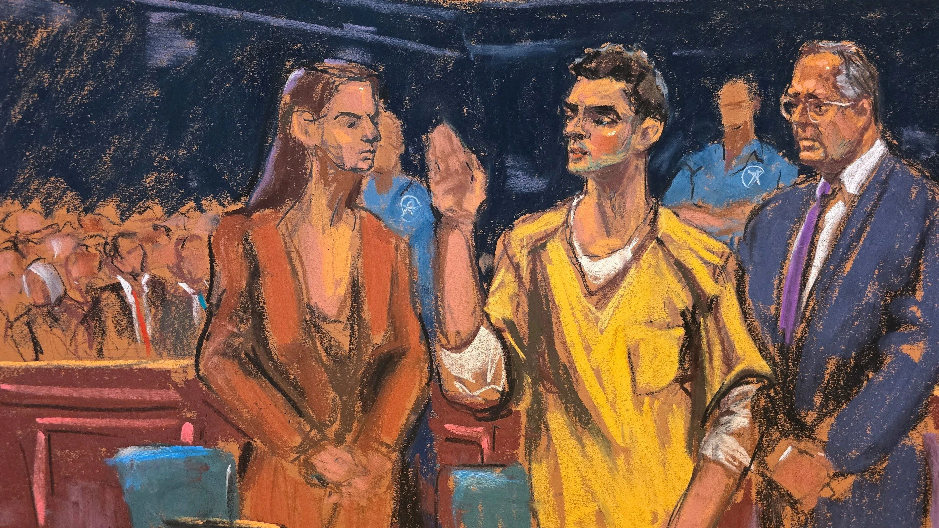 Luigi Mangione stands between defense lawyers Karen Friedman Agnifilo and Marc Agnifilo as he is sworn in for a hearing in his federal murder trial at Manhattan Criminal Court in New York City, U.S., August 14, 2026 in this courtroom sketch. Luigi Mangione admitted in court on Friday to killing UnitedHealthcare CEO Brian Thompson and pleaded guilty to federal charges of stalking the executive with the intent to kill him. REUTERS/Jane Rosenberg 