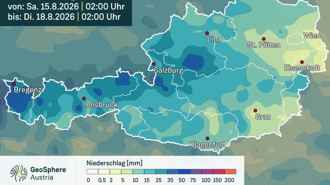 Die aktuelle Niederschlagsprognose bis Dienstag, 18. August 2026.