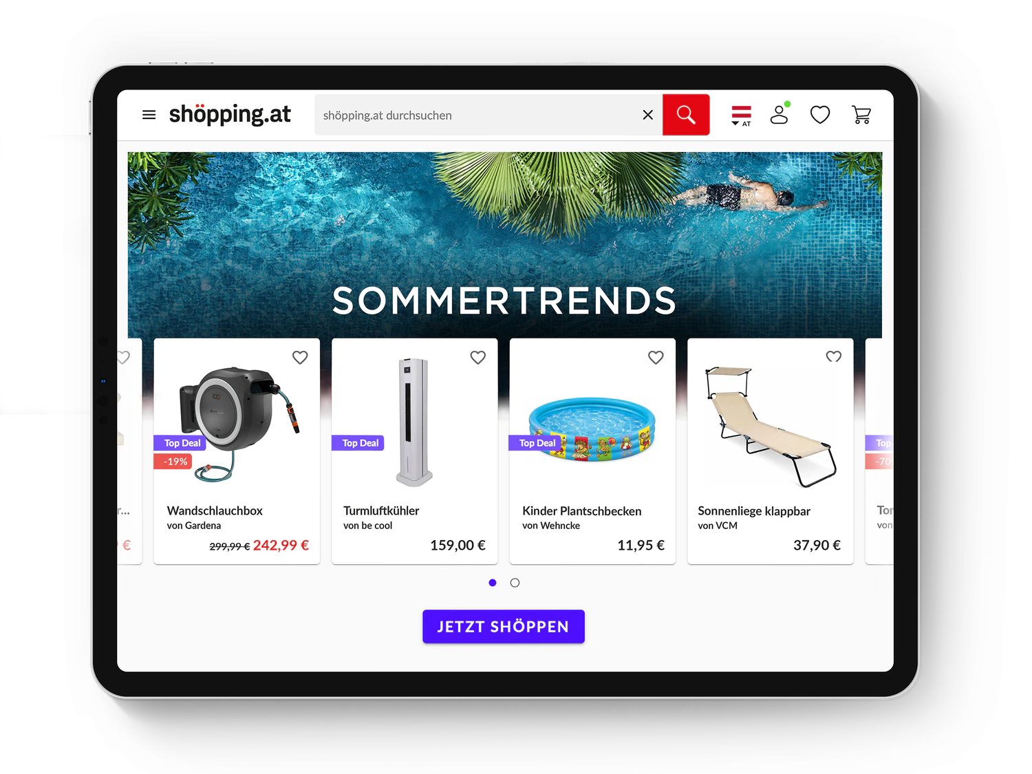 Die Oberfläche von shöpping.at mit ausgewählten Sommertrends.