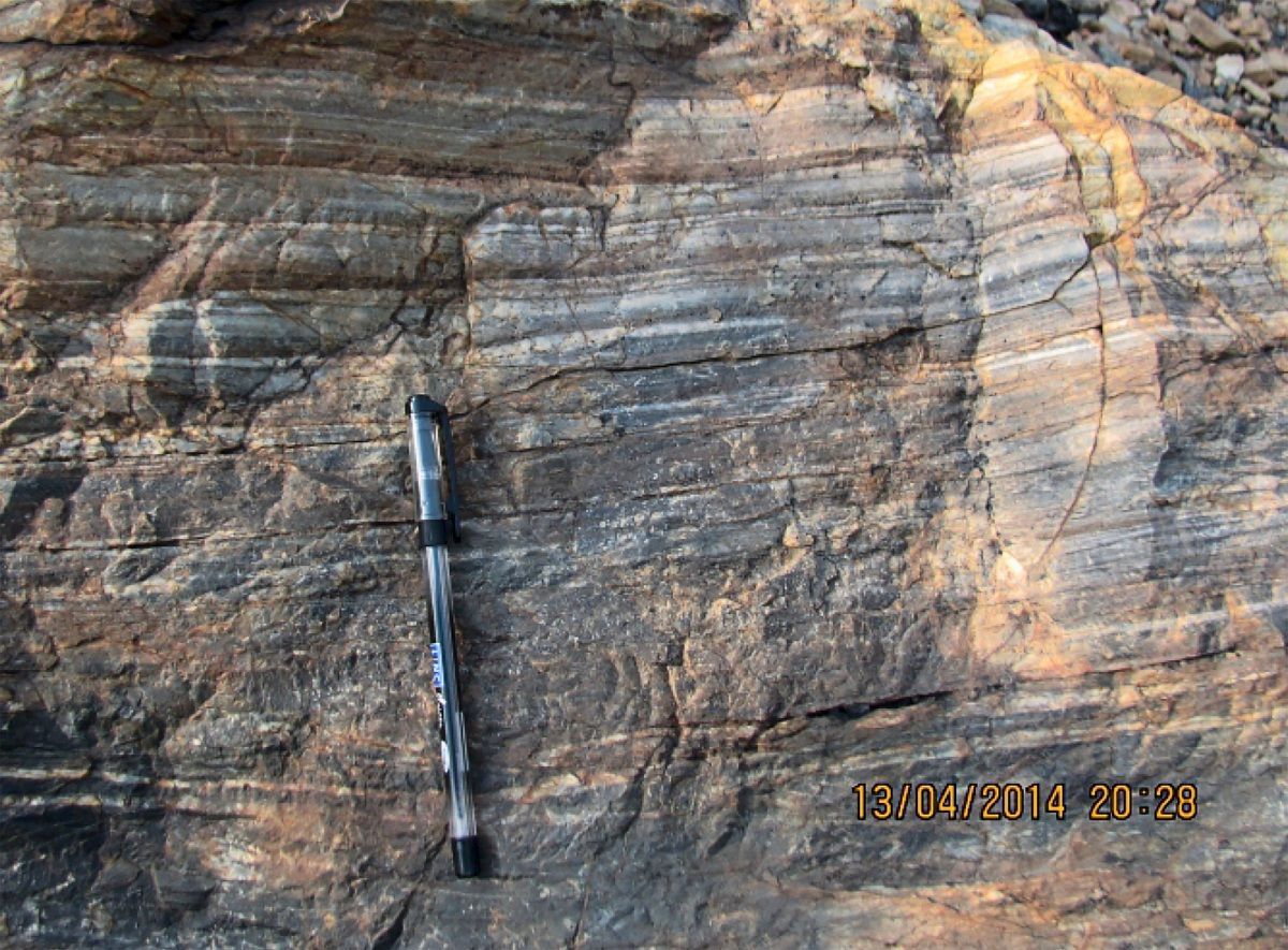 Diese dunklen Streifen im Gestein bestehen aus Kohlenstoff biologischem Ursprungs.