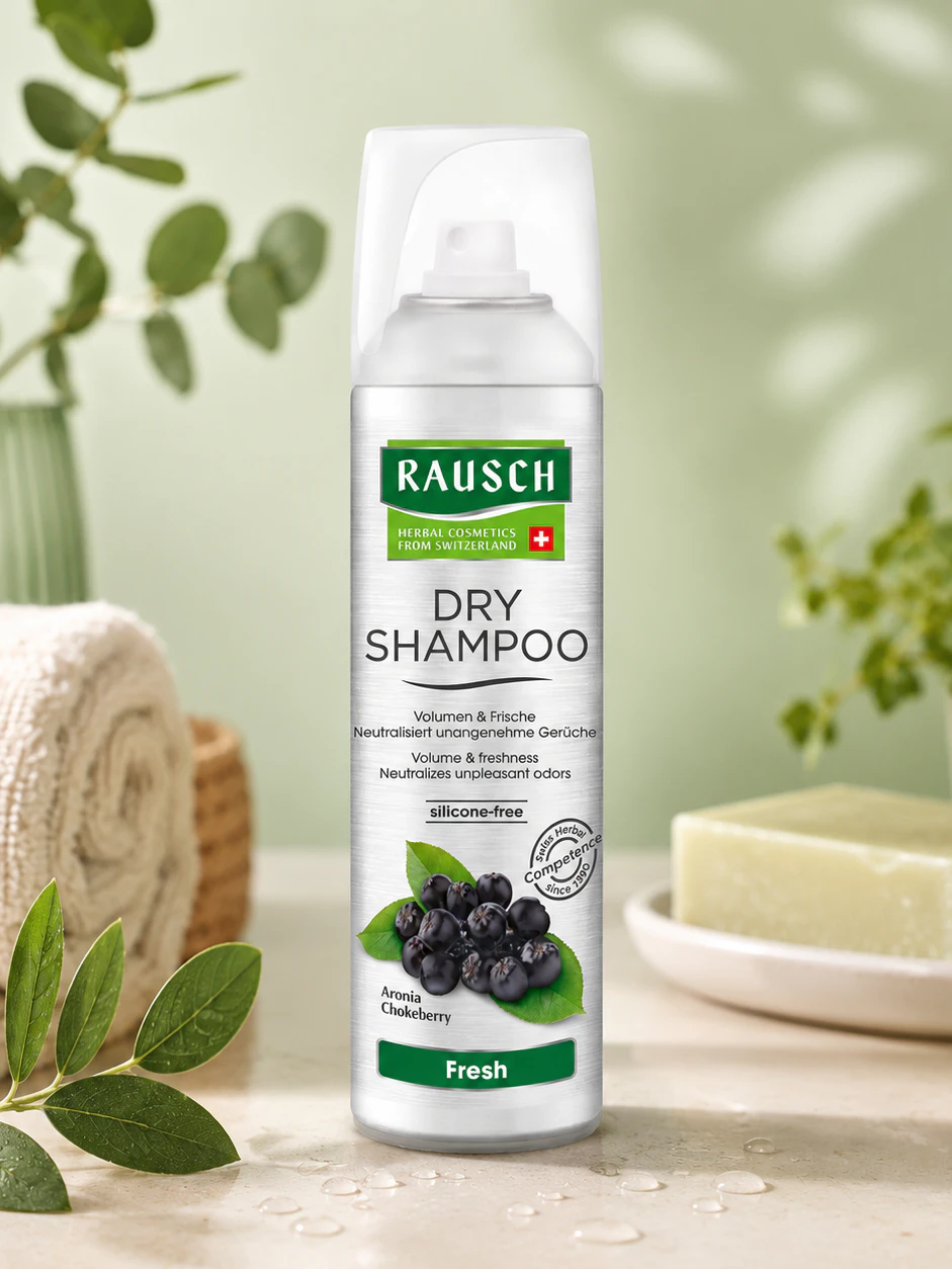 Frische ohne Haarwäsche: Das Dry Shampoo von RAUSCH schenkt dem Haar Volumen und ein gepflegtes Frischegefühl.