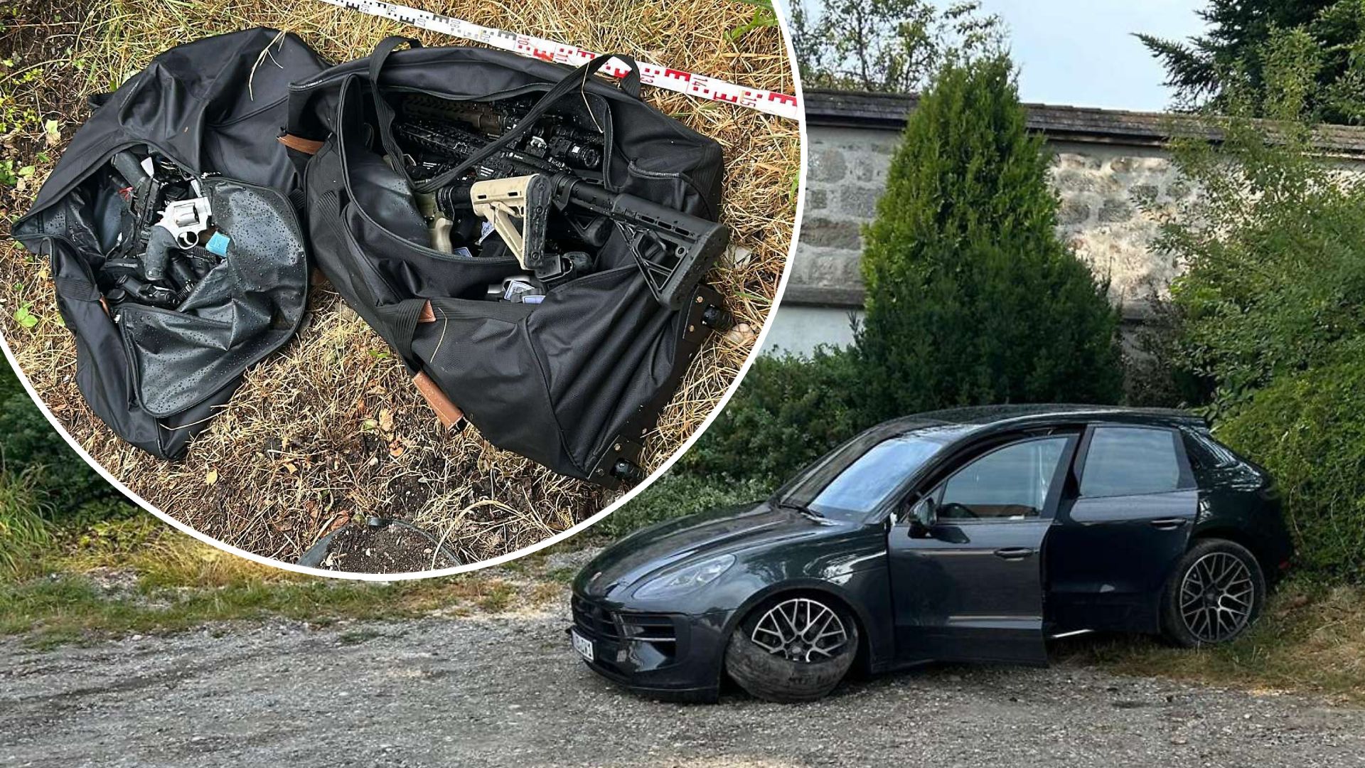 Der gestohlene Porsche wurde nach dem Coup gefunden, dutzende Waffen purzelten während der Flucht aus dem Auto.