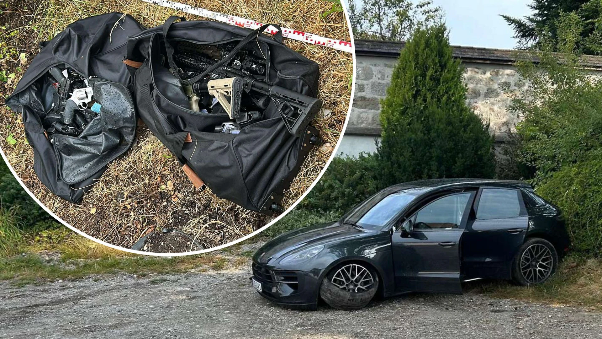 Der gestohlene Porsche wurde nach dem Coup gefunden, dutzende Waffen purzelten während der Flucht aus dem Auto.