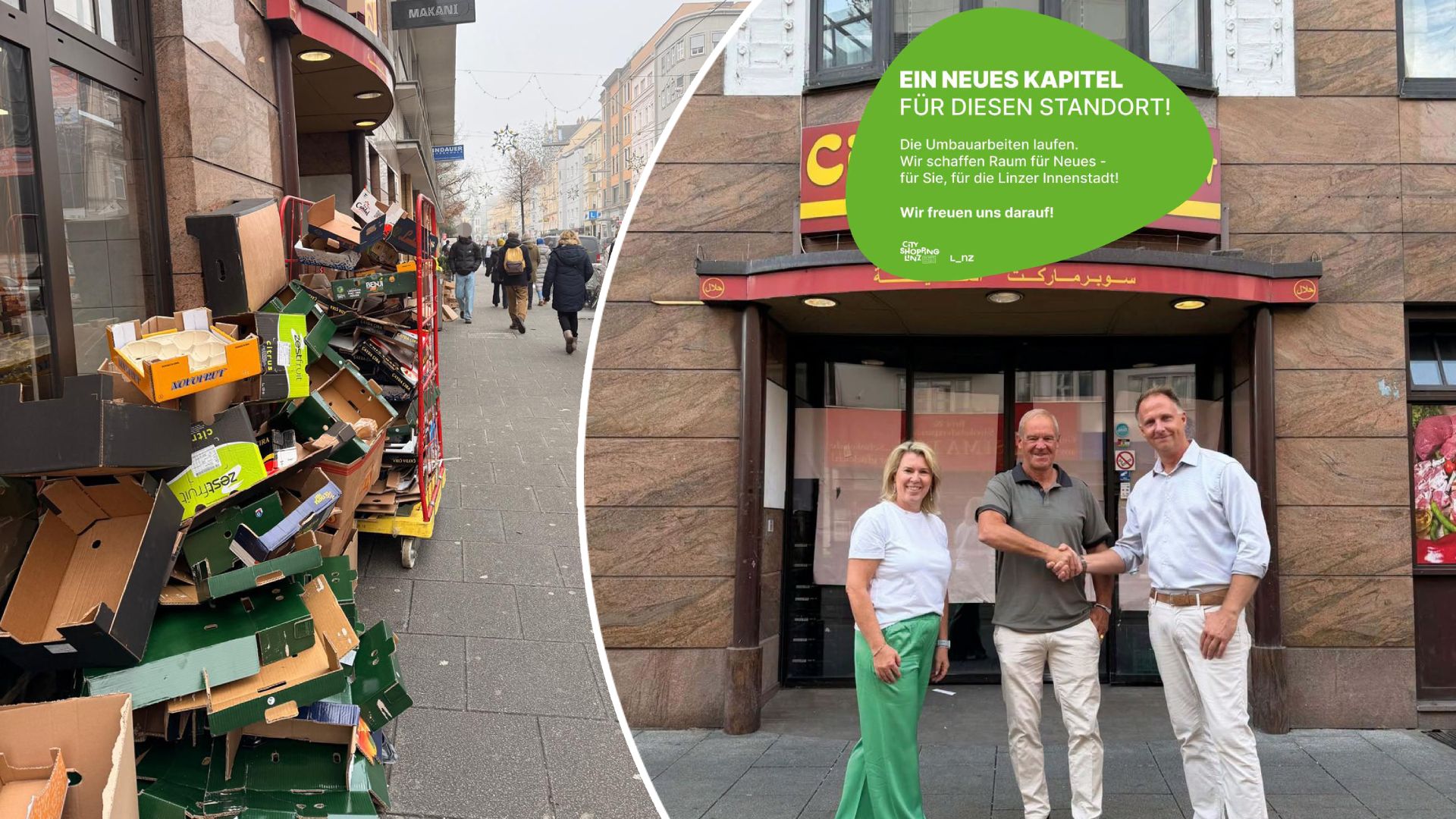 Der Laden war wegen massenhaft leeren Kartons im Februar in die Kritik geraten. Jetzt freuen sich City Ring-Geschäftsführerin Ursula Fürstberger-Matthey, Eigentümer Roland Fischer und Standortmanager Jürgen Landerl-Brameshuber über einen neuen Mieter.