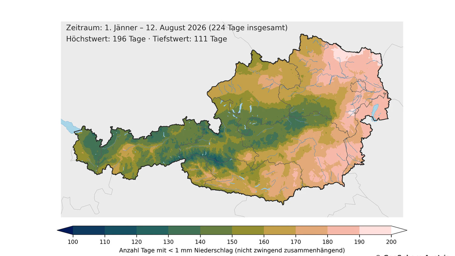 Tage ohne Niederschlag in Österreich von 1. Jänner bis 12. August 2026. 