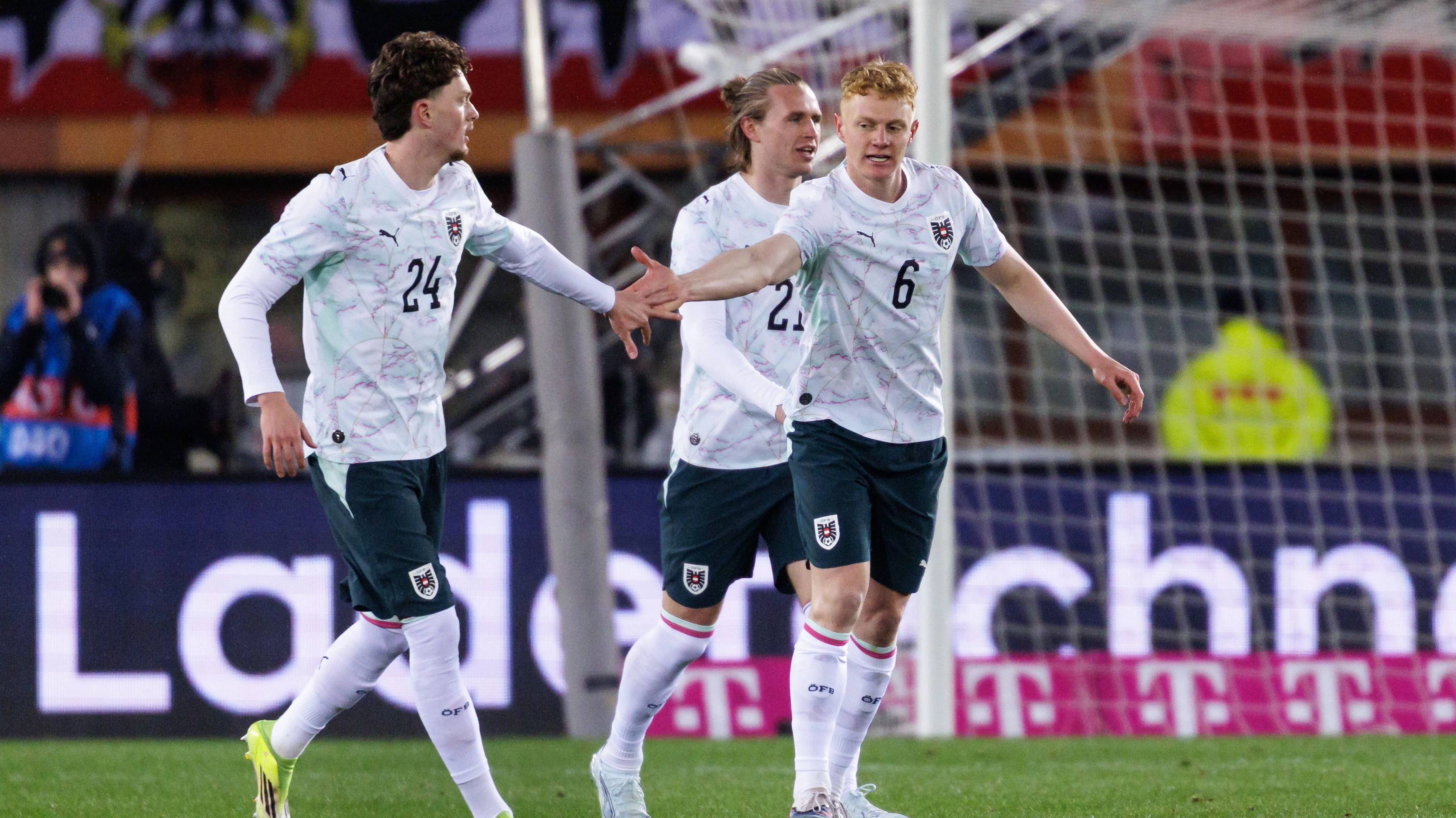VIENNA,AUSTRIA,27.MAR.26 - SOCCER - OEFB international test match, Austria vs Ghana. Image shows the rejoicing of Paul Wanner, Patrick Wimmer and Nicolas Seiwald (AUT). Photo: GEPA pictures/ Armin Rauthner