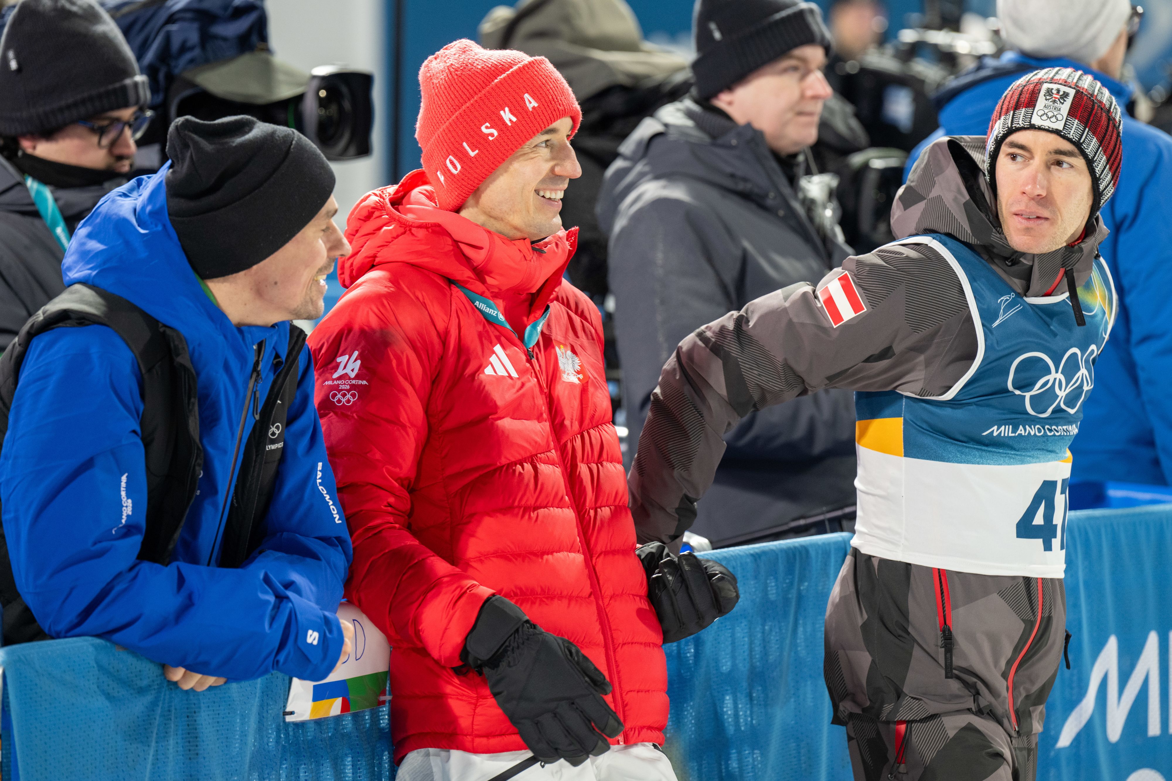 Kamil Stoch mit Stefan Kraft im Schanzen-Auslauf
