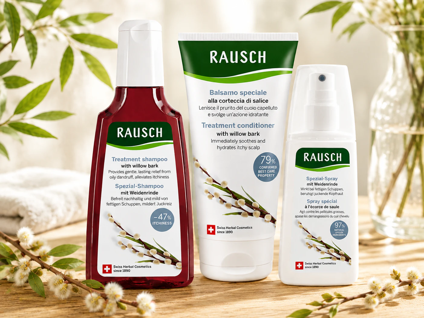 RAUSCH setzt mit der Spezial-Linie mit Weidenrinde auf wohltuende Pflege für Kopfhaut und Haar.