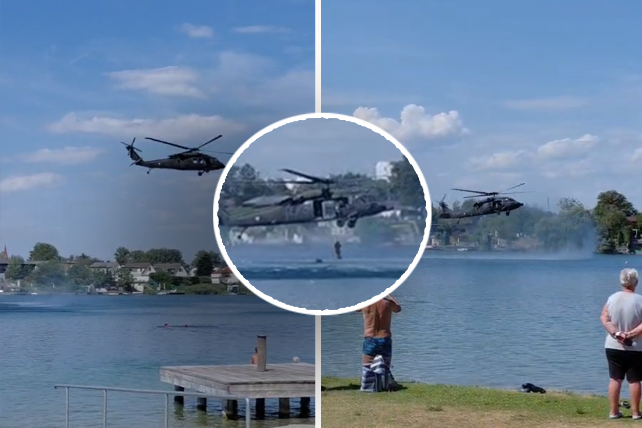 Bundesheer-Hubschrauber flogen über einen Badesee im Burgendland-
