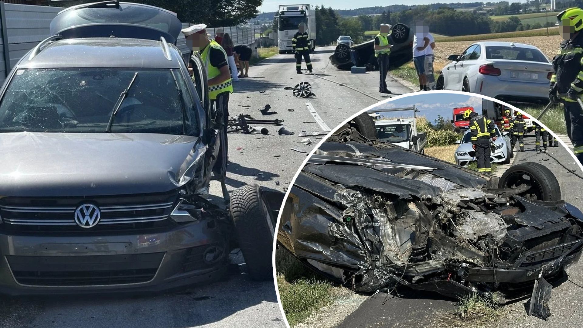 Die Pkw krachten in einer Kurve zusammen, eines der Fahrzeuge überschlug sich und blieb am Dach liegen.