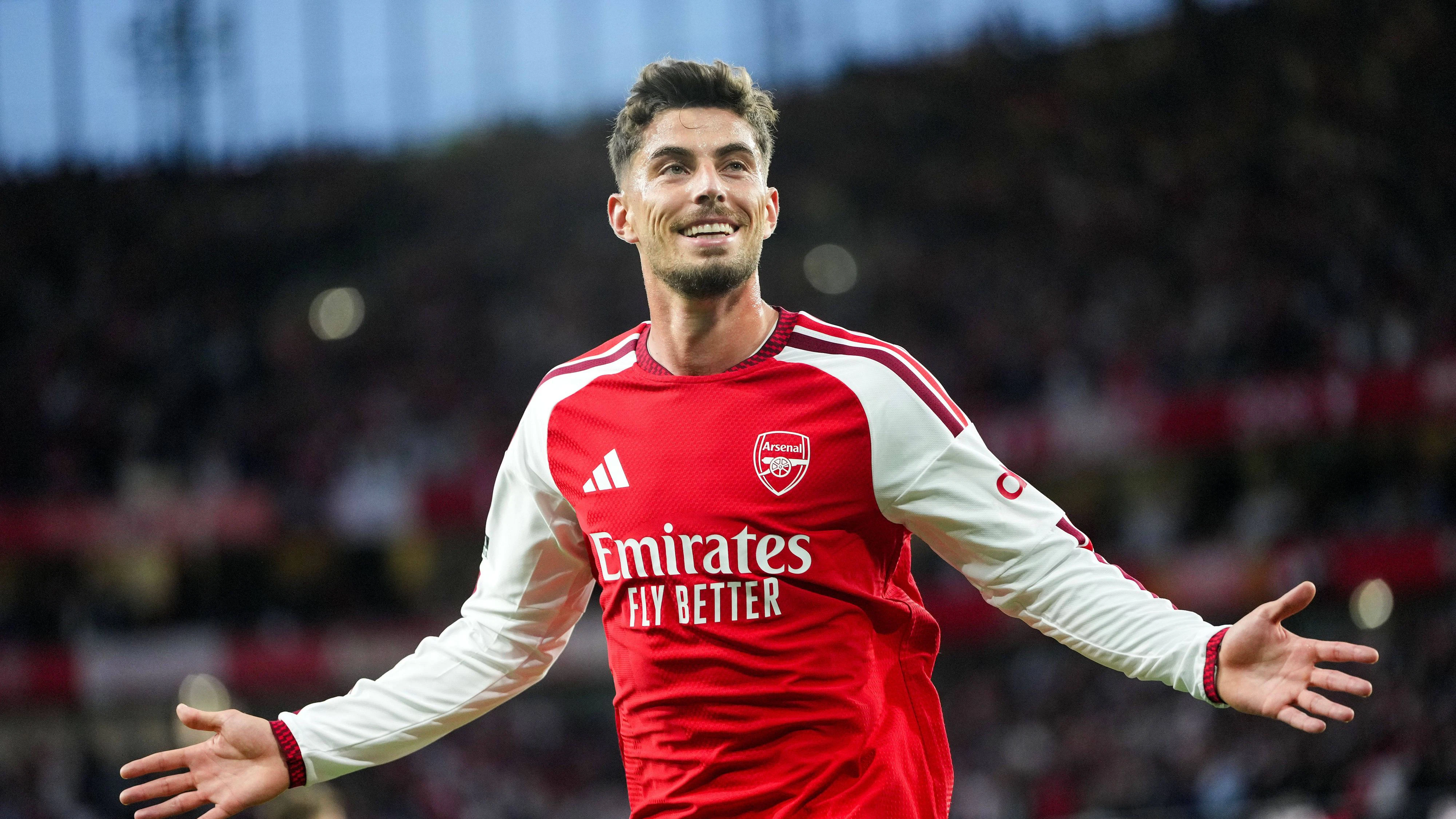 Kai Havertz celebrates scoring the opening Arsenal goal Arsenal v Coventry City, Premier League, Football, Emirates Stadium, London, UK - 21 Aug 2026London Emirates Stadium United Kingdom EDITORIAL USE ONLY No use with unauthorised audio, video, data, fixture lists, club/league logos or live services. Online in-match use limited to 120 images, no video emulation. No use in betting, games or single club/league/player publications. PUBLICATIONxINxGERxSUIxAUTxHUNxGRExMLTxCYPxROUxBULxUAExKSAxCHNxDENxINDxITAxPORxESPxSWExTURxMEXxCOLxVENxPERxECUxBRAxARGxCHIxURUxPARxPANxONLY Copyright: xWiredxPhotos/Shutterstockx 17111592y