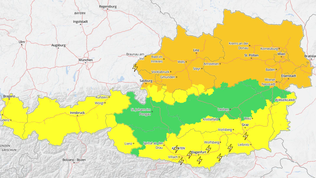Die aktuellen Warnungen der GeoSphere Austria. Im Norden (orange) wird heftiger Sturm erwartet.-