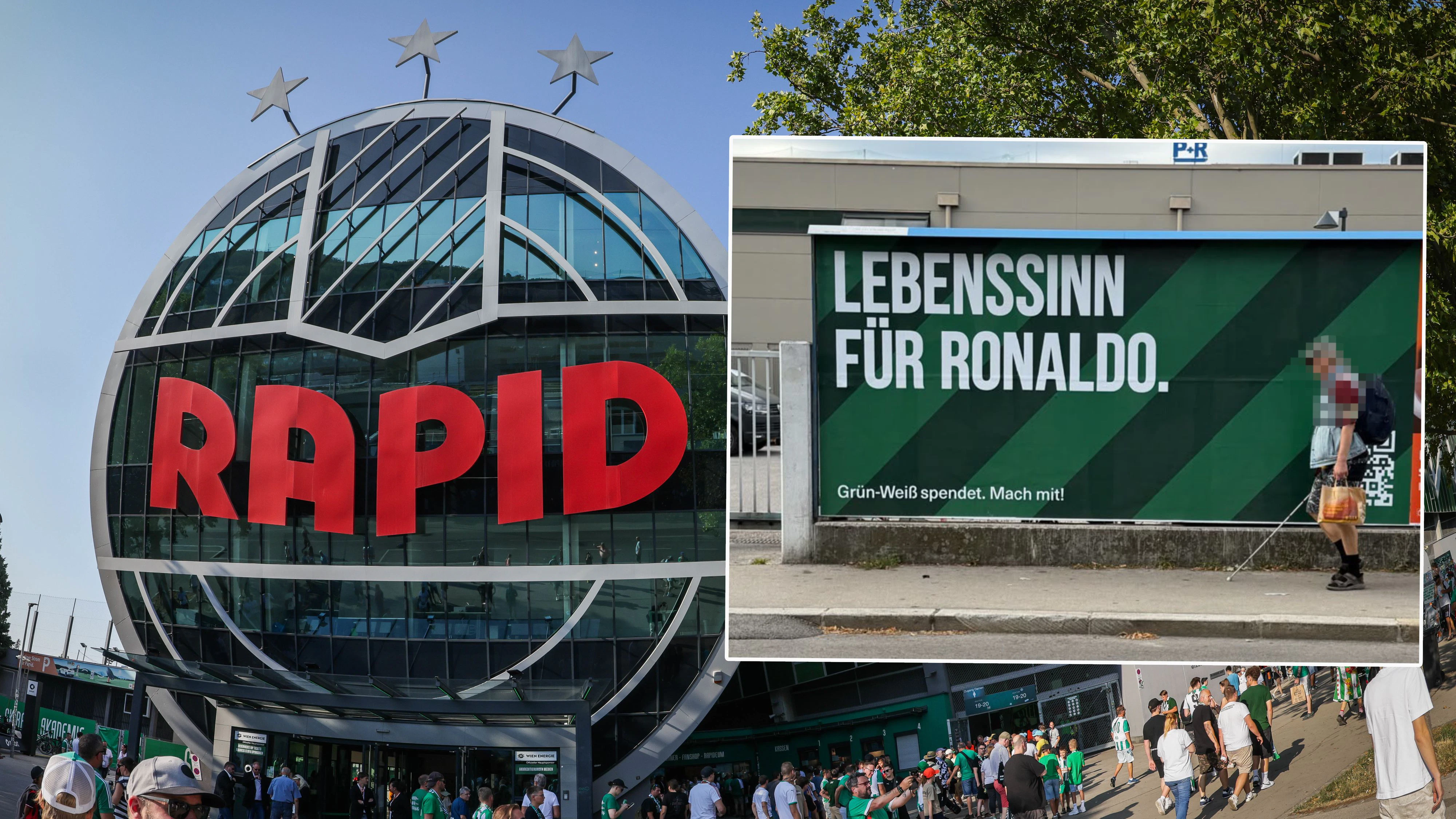 Ein Plakat vor dem Rapid-Stadion lässt Fans rätseln.