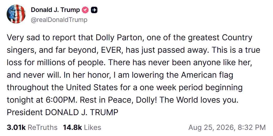 Donald Trumps Nachruf auf Dolly Parton.