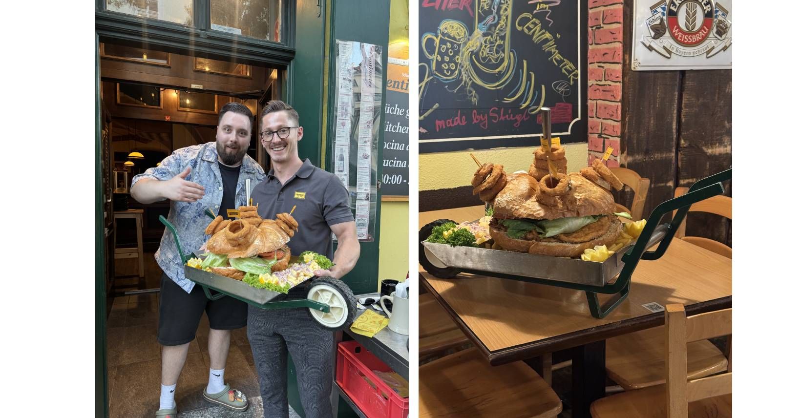 Food-Influencer Robert Figl und Centimeter-Chef Heinz Pollischansky (v.l.) mit der Riesen-Semmel.