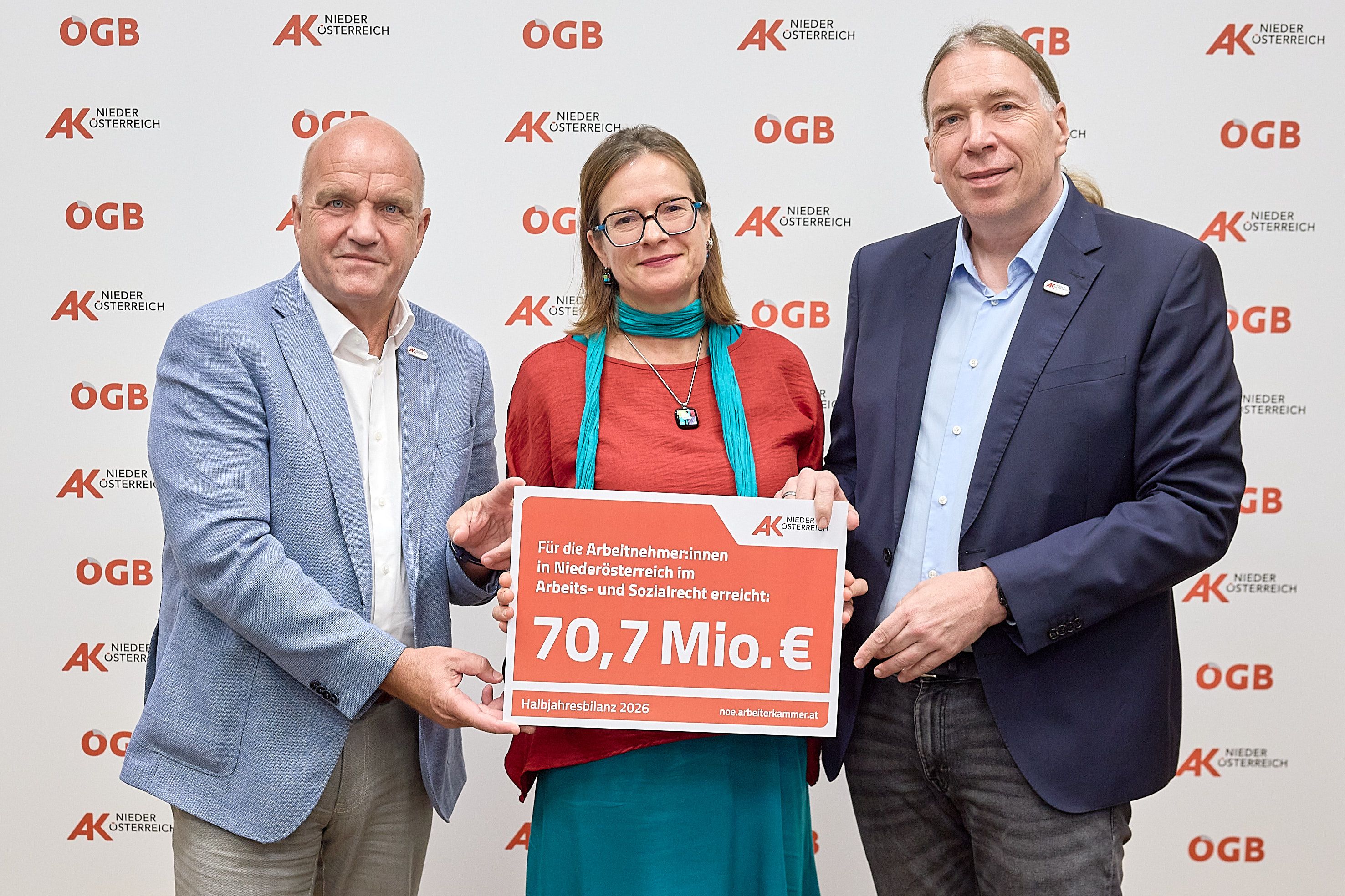 Präsentieren die Halbjahresbilanz der AK Niederösterreich im Arbeits- und Sozialrecht: AK Niederösterreich-Präsident und ÖGB NÖ-Vorsitzender Markus Wieser, AK Niederösterreich-Arbeitsrechtsexpertin Vera Kmenta-Spalofsky, Thomas Kaindl, Leiter des Bereichs Regionale Aufgaben der AK Niederösterreich