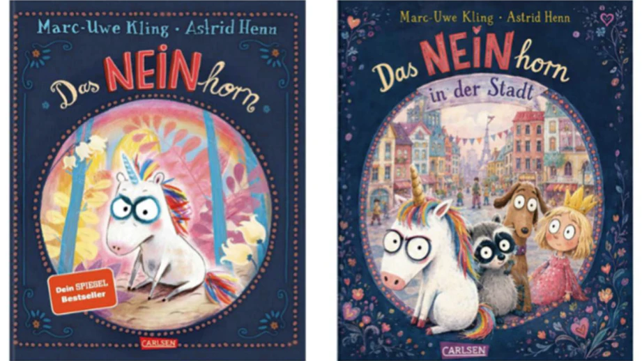 Links das echte NEINhorn-Cover. Rechts ein "ChatGPT-Fake", das der Carlsen Verlag in seiner Pressemitteilung zur Klage zeigt.