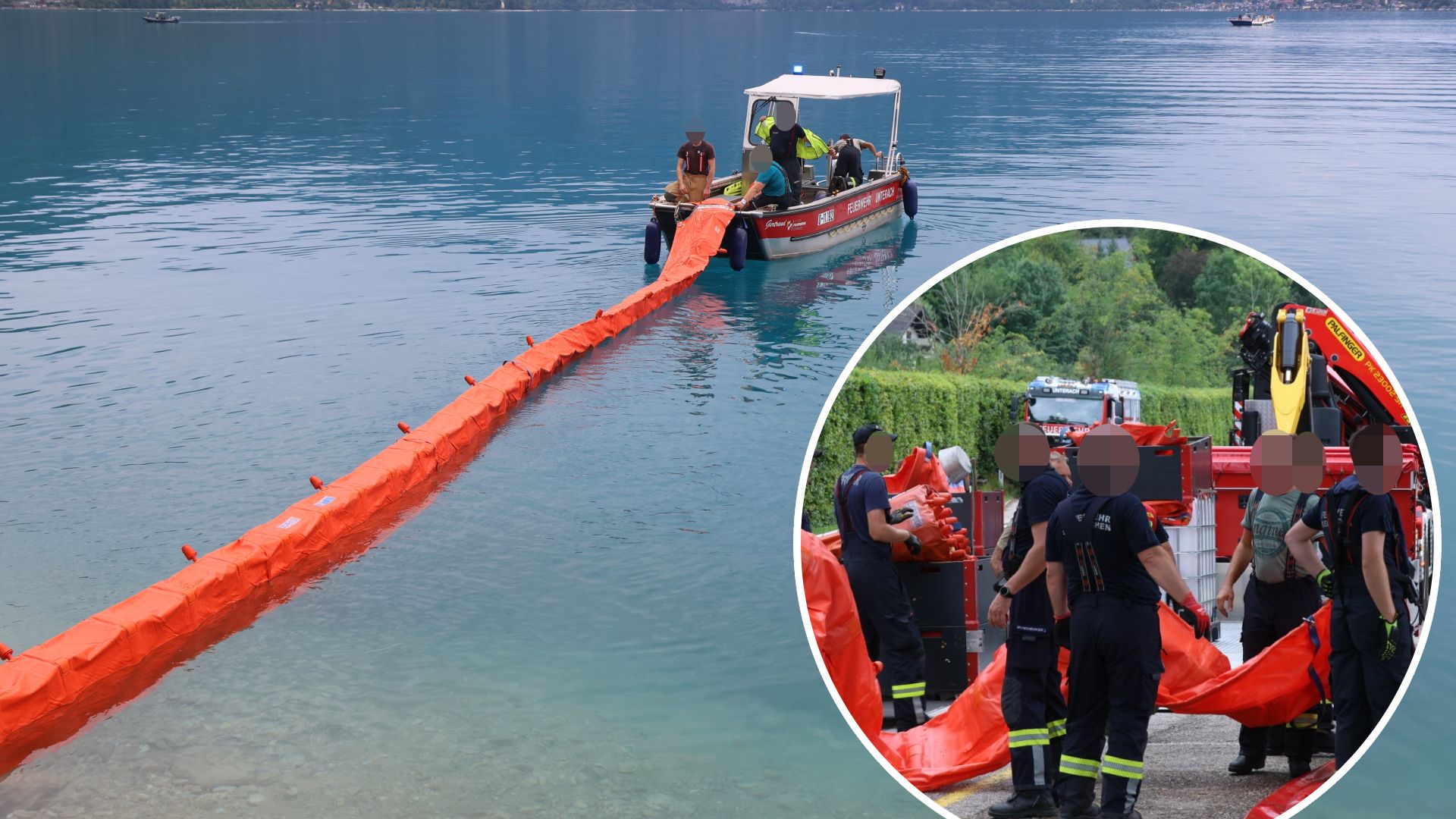 Die Feuerwehr errichtete nach dem Flugzeugabsturz Ölsperren am Attersee.