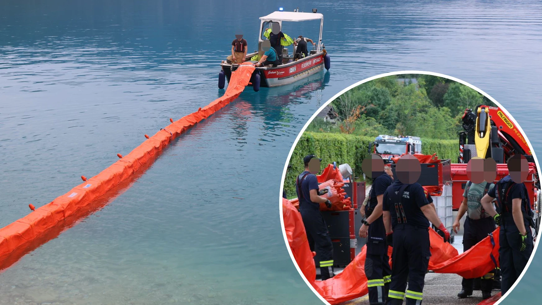 Die Feuerwehr errichtete nach dem Flugzeugabsturz Ölsperren am Attersee.