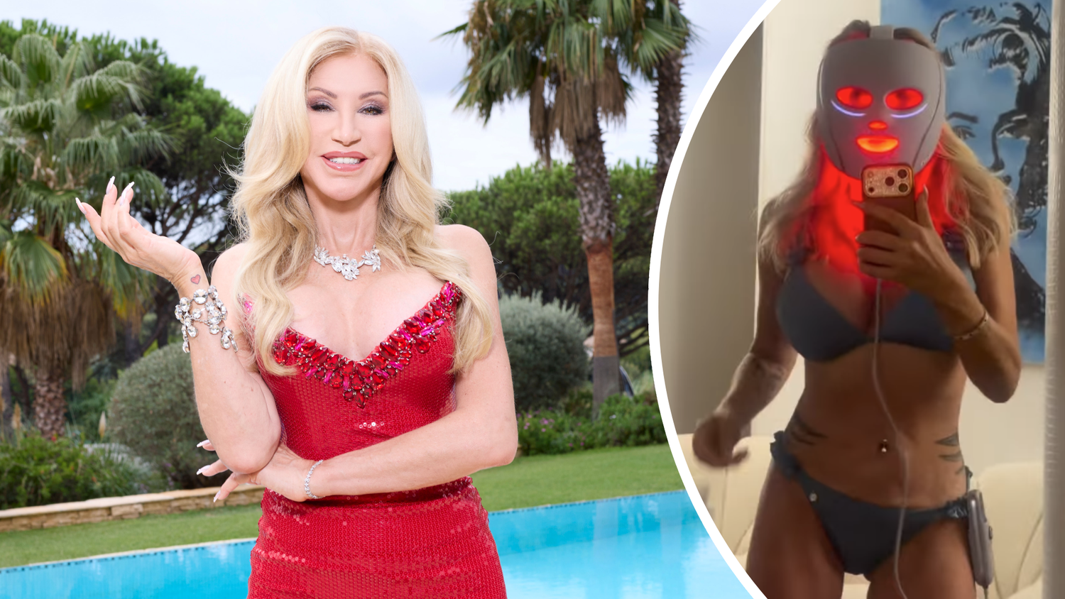 Carmen Geiss tanzt im Bikini und mit Rotlichtmaske durch ihren Morgen.