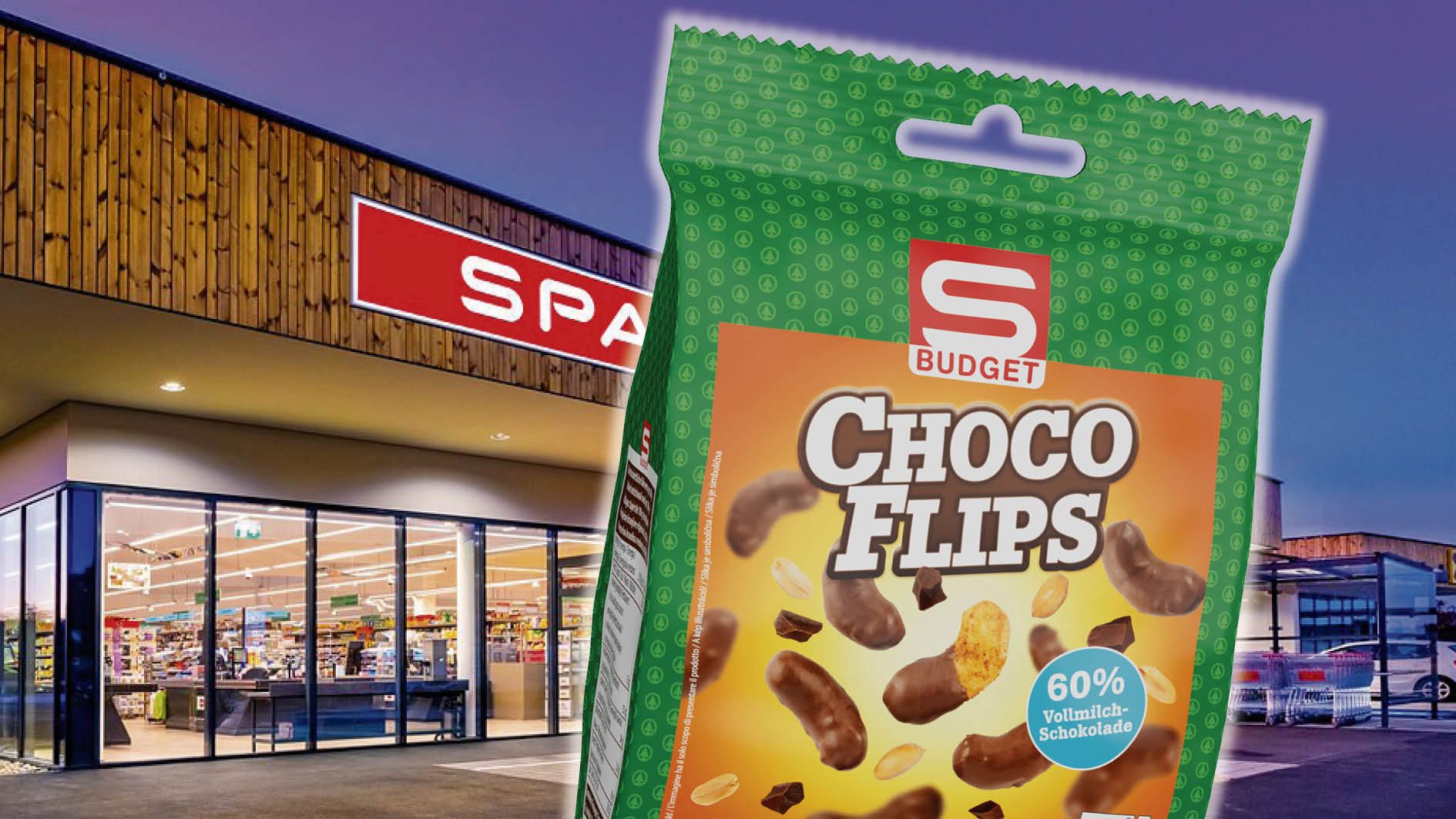 Unkonventioneller neuer Snack: Spar hüllt für die S-Budget Choco Flips Mais-Erdnuss-Flips in Vollmilchschokolade.