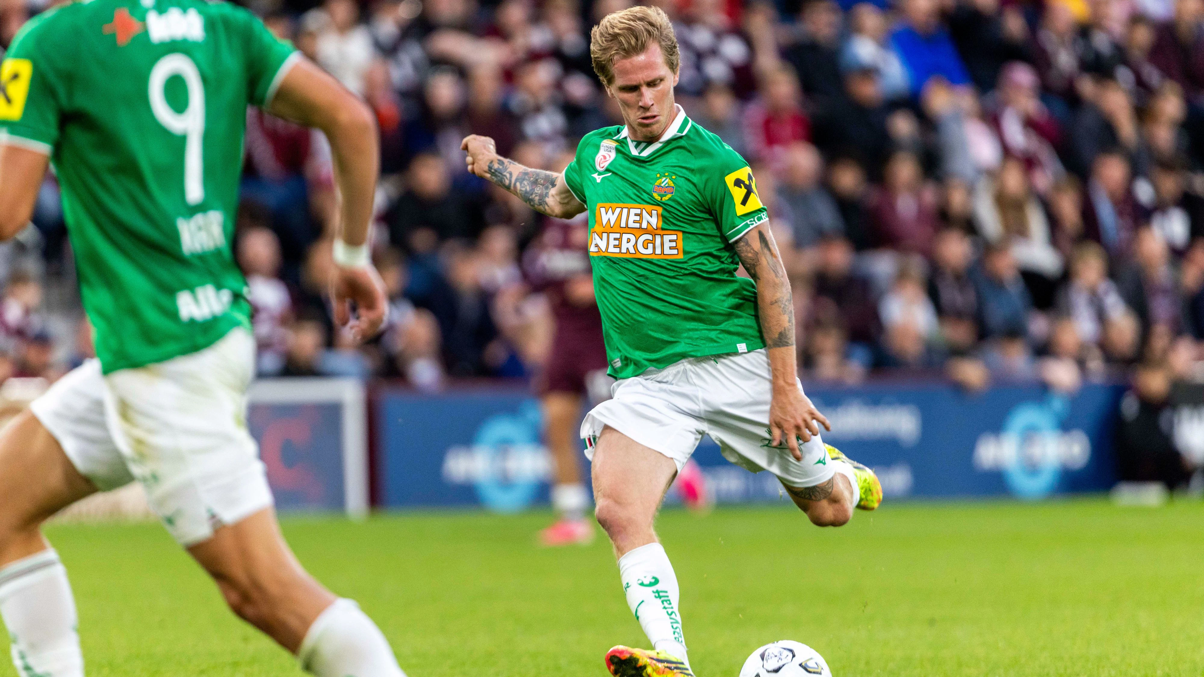 EDINBURGH,SCOTLAND,20.AUG.26 - SOCCER - UEFA Conference League, play-off, Heart of Midlothian FC vs SK Rapid Wien. Image shows Tonni Adamsen (Rapid). Photo: GEPA pictures/ Philipp Brem