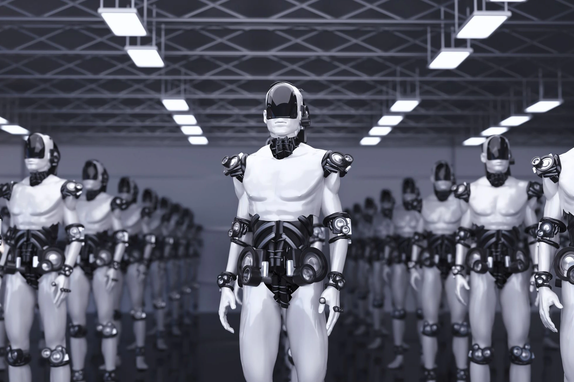 Humanoide Roboter warten auf ihren Einsatz: Gates sieht die Gefahren durch KI nicht nur im Verwaltungs- und Kreativ-Bereich, sondern etwa auch in Produktion und Baugewerbe