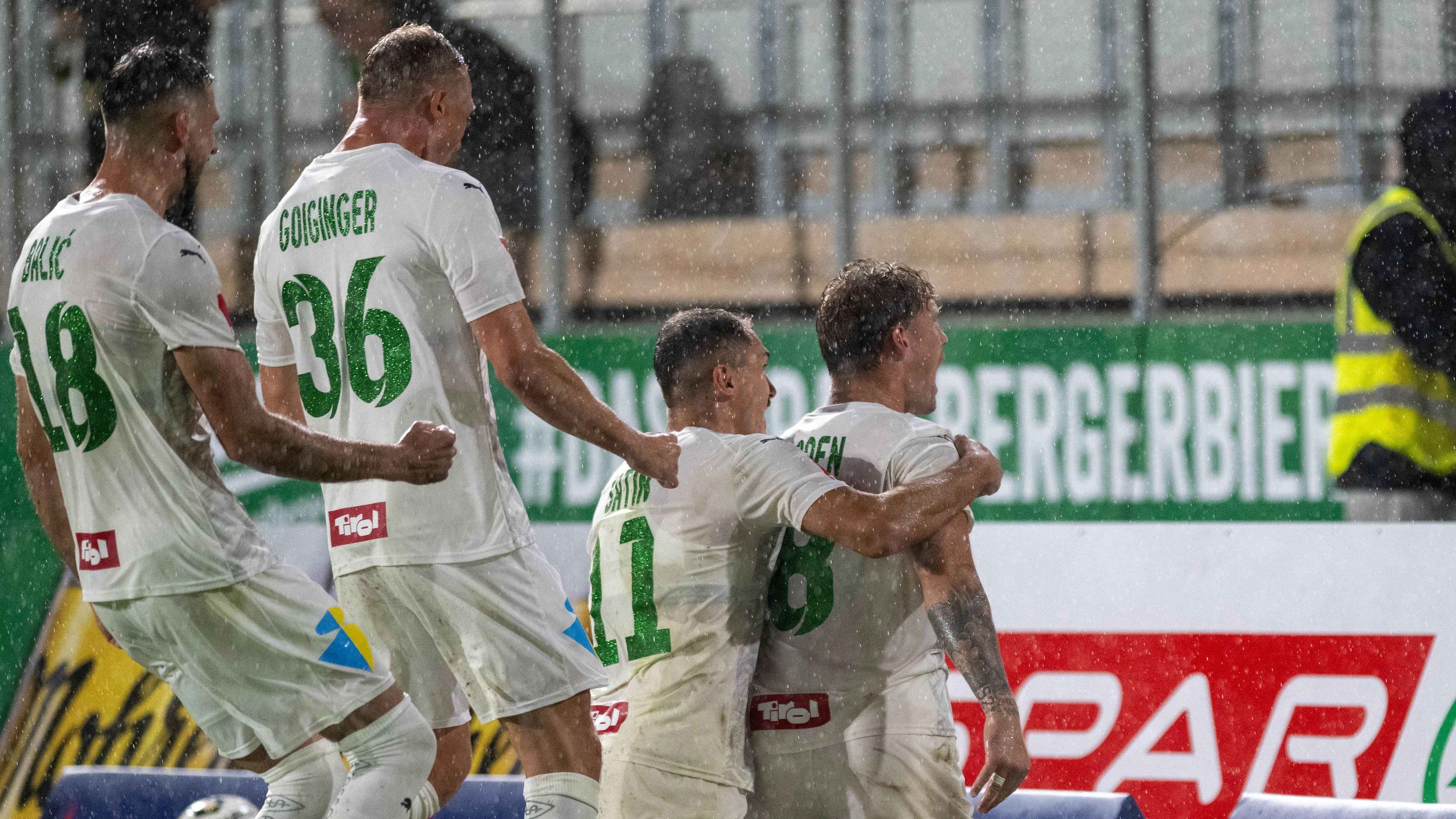 LUSTENAU,AUSTRIA,28.AUG.26 - SOCCER - ADMIRAL Bundesliga, SC Austria Lustenau vs WSG Tirol. Image shows the rejoicing of Husein Balic, Thomas Goiginger, Murat Satin and Nikolai Baden Frederiksen (Wattens). Photo: GEPA pictures/ Oliver Lerch