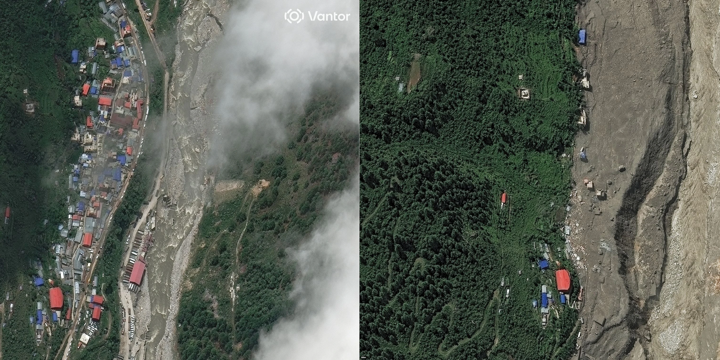 Satellitenbilder aus Nepal vor bzw. nach der Himalaya-Flut