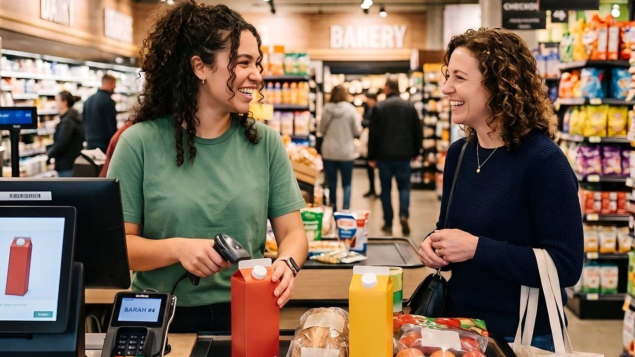Verkäuferin an der Supermarkt-Kasse
